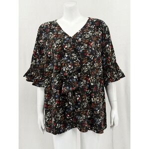 Agnes Orinda Top Womens 2X Black Floral Ruffle V-Neck Bell Sleeve Sheer Romantic